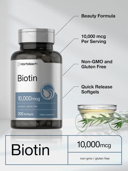 Horbaach Biotin 10000 mcg | 200 Softgels mit Vitamin B7 | Schönheitsformel | Non-GMO & Glutenfrei