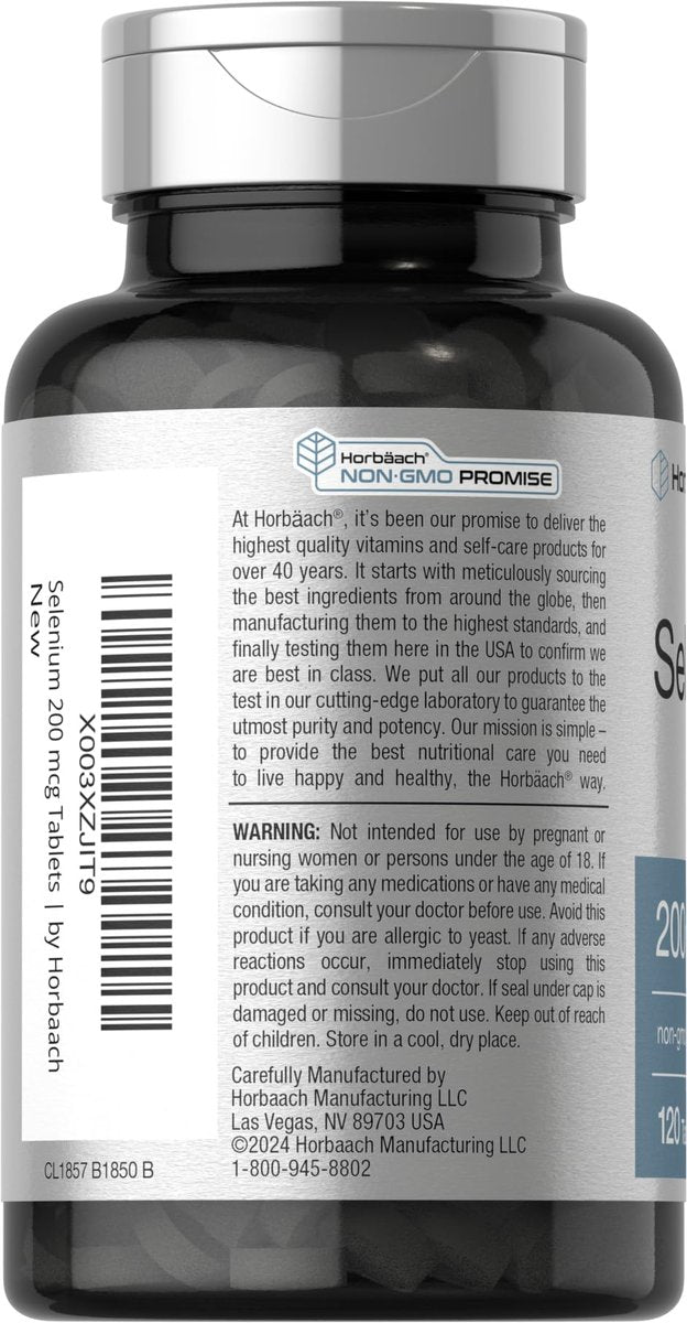 Horbäach Selen Supplement für Frauen & Männer | 200mcg | 120 Tabletten | Als Selenhefe | Vegetarisch, Nicht-GVO & Glutenfrei