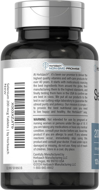 Horbäach Selen Supplement für Frauen & Männer | 200mcg | 120 Tabletten | Als Selenhefe | Vegetarisch, Nicht-GVO & Glutenfrei