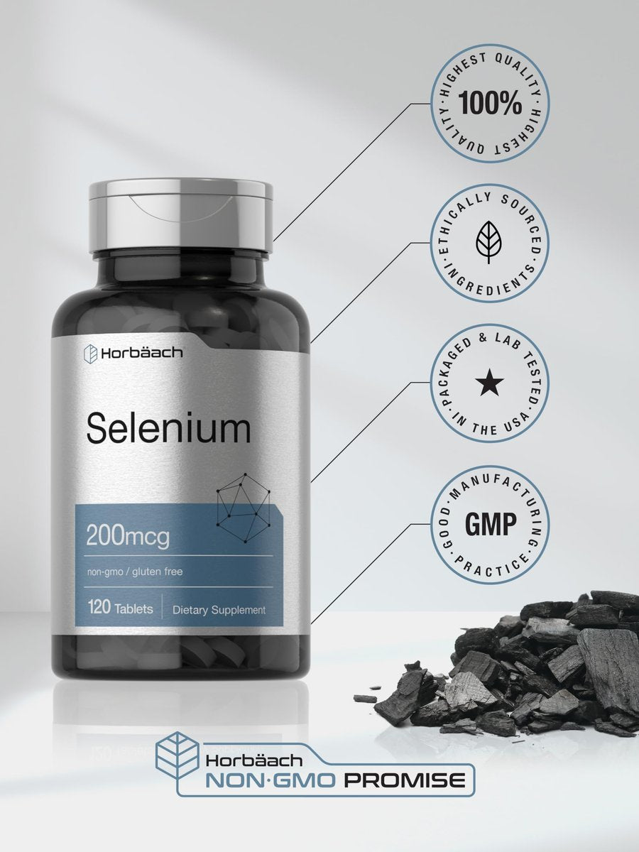 Horbäach Selen Supplement für Frauen & Männer | 200mcg | 120 Tabletten | Als Selenhefe | Vegetarisch, Nicht-GVO & Glutenfrei