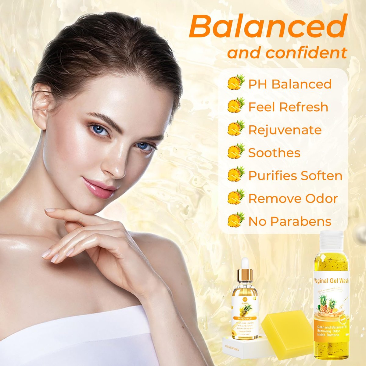 Feminine Wash & Yoni Oil & Yoni Seifen Set für Frauen – Yoni Wash für vaginales pH-Gleichgewicht, Geruch entfernen, feuchtigkeitsspendend – 5,07 Unzen Duschgel & 1 Fl. Oz. Bio-Öl & 3,53 Unzen Intimseife (Ananas)