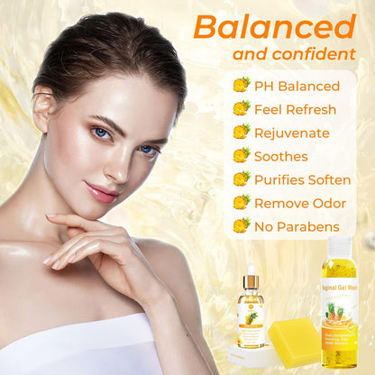 Feminine Wash & Yoni Oil & Yoni Seifen Set für Frauen – Yoni Wash für vaginales pH-Gleichgewicht, Geruch entfernen, feuchtigkeitsspendend – 5,07 Unzen Duschgel & 1 Fl. Oz. Bio-Öl & 3,53 Unzen Intimseife (Ananas)