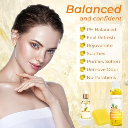 Feminine Wash & Yoni Oil & Yoni Seifen Set für Frauen – Yoni Wash für vaginales pH-Gleichgewicht, Geruch entfernen, feuchtigkeitsspendend – 5,07 Unzen Duschgel & 1 Fl. Oz. Bio-Öl & 3,53 Unzen Intimseife (Ananas)