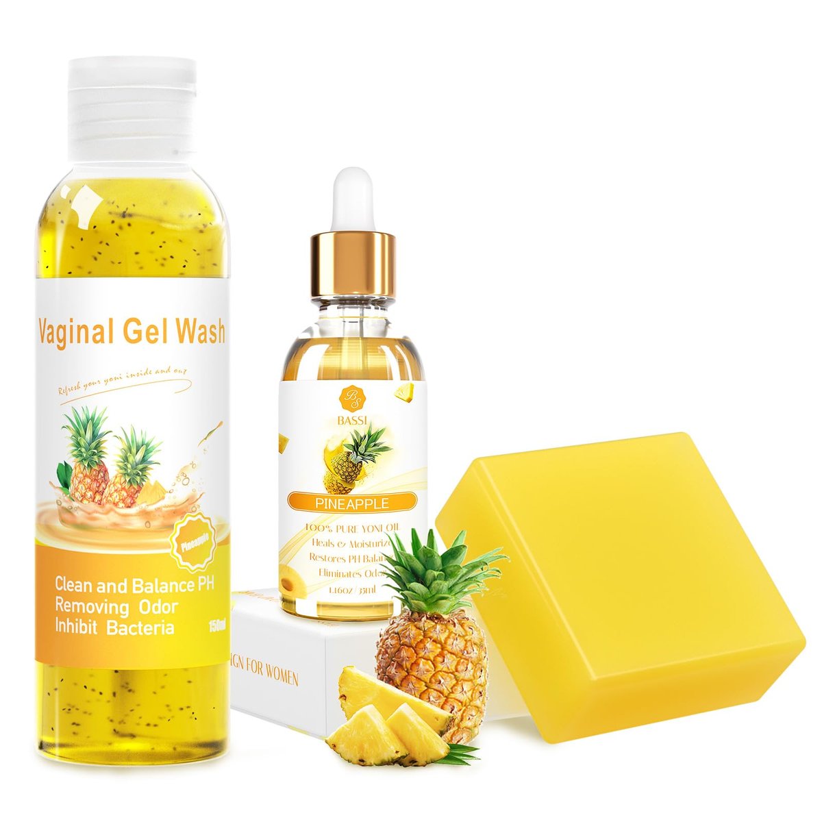 Feminine Wash & Yoni Oil & Yoni Seifen Set für Frauen – Yoni Wash für vaginales pH-Gleichgewicht, Geruch entfernen, feuchtigkeitsspendend – 5,07 Unzen Duschgel & 1 Fl. Oz. Bio-Öl & 3,53 Unzen Intimseife (Ananas)