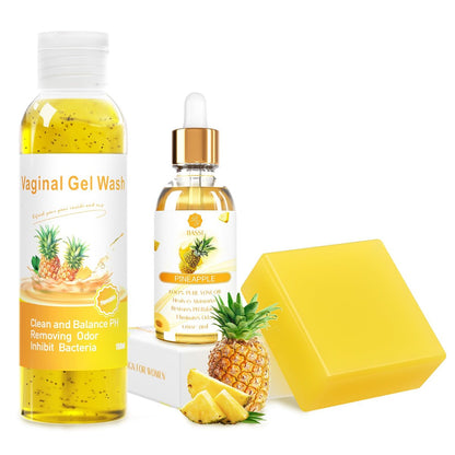 Feminine Wash & Yoni Oil & Yoni Seifen Set für Frauen – Yoni Wash für vaginales pH-Gleichgewicht, Geruch entfernen, feuchtigkeitsspendend – 5,07 Unzen Duschgel & 1 Fl. Oz. Bio-Öl & 3,53 Unzen Intimseife (Ananas)