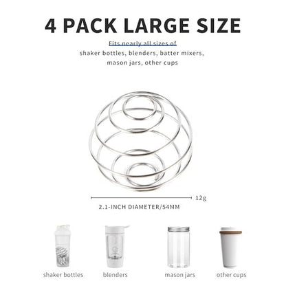 BooMetCheer 4er-Set 2,1 Zoll Große Shaker Bälle für Proteinshakes, Milchshakes und Salatdressings – 304 Edelstahl Shakerball