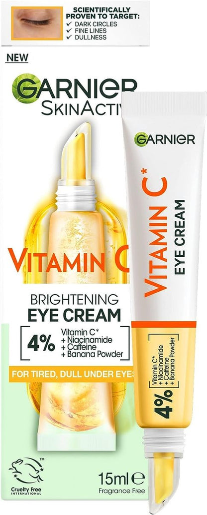 Garnier Augencreme mit 4% Vitamin C – Aufhellende Augenpflege gegen dunkle Augenringe, Tränensäcke und Schwellungen, 15 ml