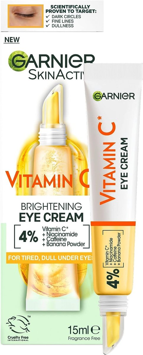 Garnier Augencreme mit 4% Vitamin C – Aufhellende Augenpflege gegen dunkle Augenringe, Tränensäcke und Schwellungen, 15 ml