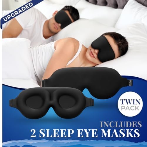 SmartRest Schlafmaske [2er-Pack] - Augenmaske zum Schlafen - Patentiert, Konturiert, 100% Verdunkelung, Null Druck Schlafmasken für Frauen und Männer - S2 Schwarz