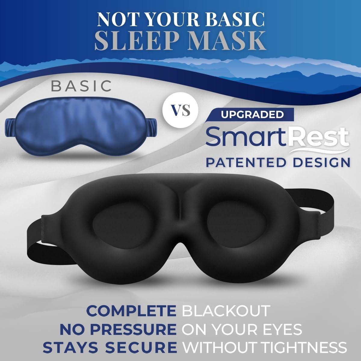 SmartRest Schlafmaske [2er-Pack] - Augenmaske zum Schlafen - Patentiert, Konturiert, 100% Verdunkelung, Null Druck Schlafmasken für Frauen und Männer - S2 Schwarz