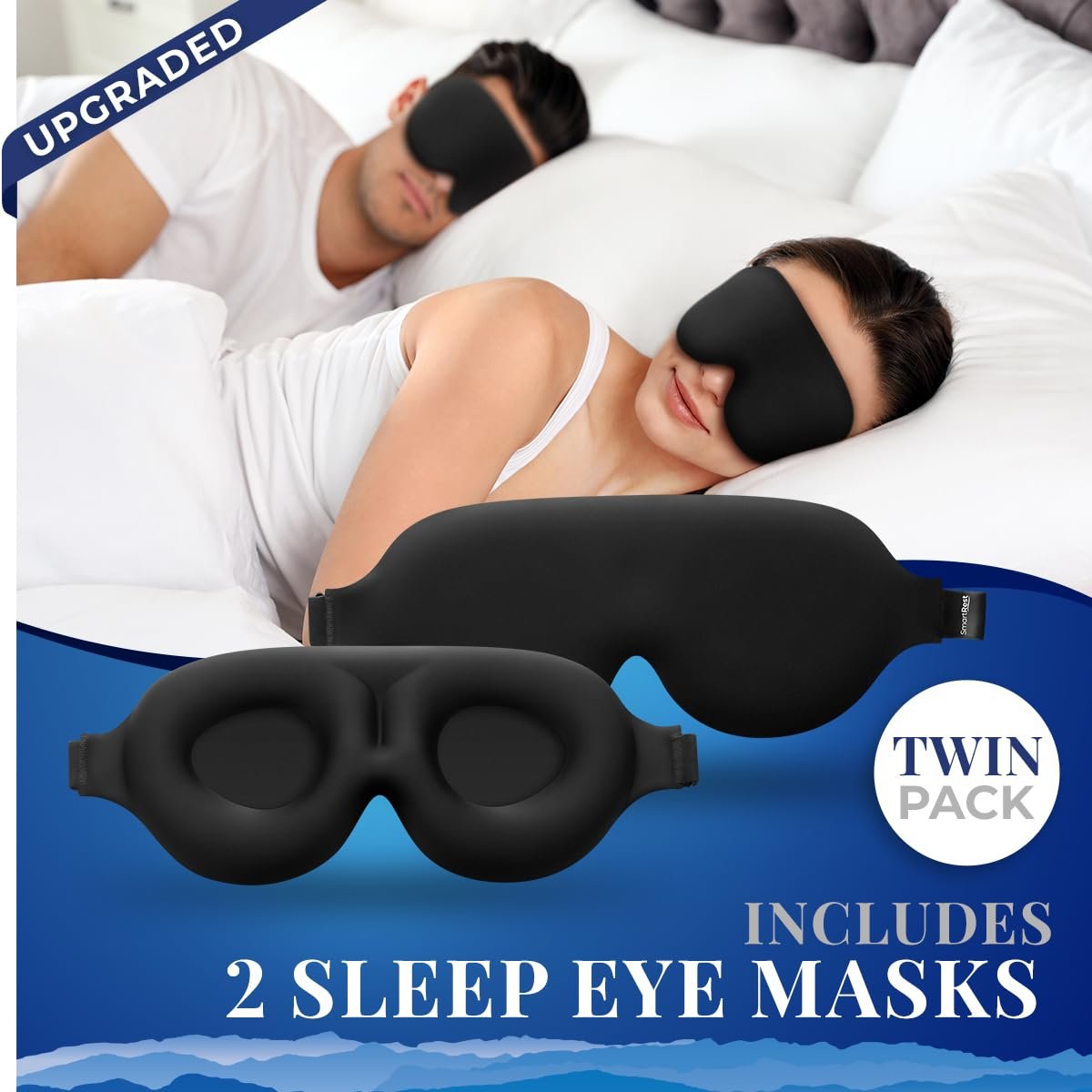 SmartRest Schlafmaske [2er-Pack] - Augenmaske zum Schlafen - Patentiert, Konturiert, 100% Verdunkelung, Null Druck Schlafmasken für Frauen und Männer - S2 Schwarz