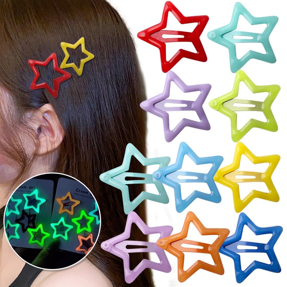 Leuchtende Stern-Haarspangen für Mädchen – 10er-Pack bunte Glow-in-the-Dark-Haarspangen aus Metall