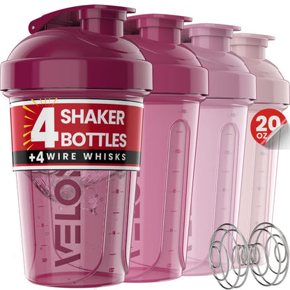 VELOMIX 4er-Pack 20 oz Proteinshaker-Flasche mit 4x Drahtbesen – Auslaufsicherer Shaker-Becher für Proteinshakes, stapelbar, spülmaschinenfest (Beeren-Mix)