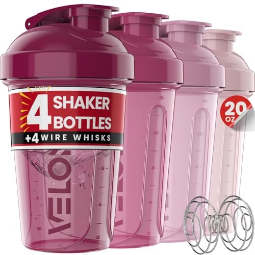 VELOMIX 4er-Pack 20 oz Proteinshaker-Flasche mit 4x Drahtbesen – Auslaufsicherer Shaker-Becher für Proteinshakes, stapelbar, spülmaschinenfest (Beeren-Mix)