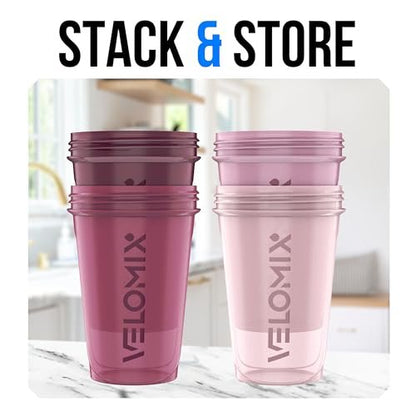VELOMIX 4er-Pack 20 oz Proteinshaker-Flasche mit 4x Drahtbesen – Auslaufsicherer Shaker-Becher für Proteinshakes, stapelbar, spülmaschinenfest (Beeren-Mix)