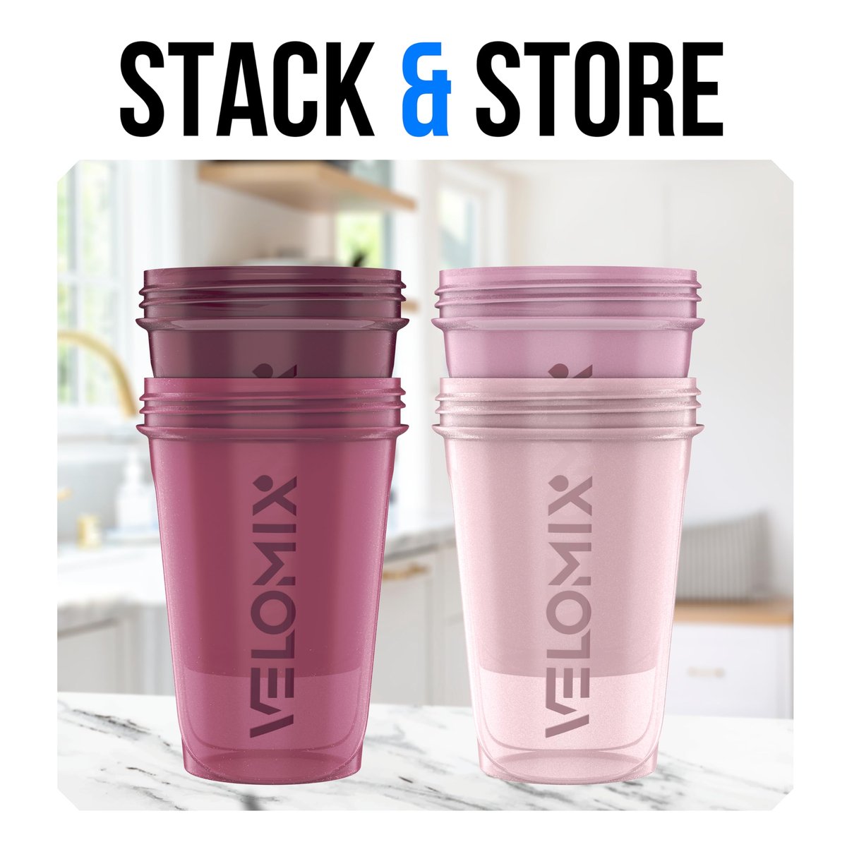 VELOMIX 4er-Pack 20 oz Proteinshaker-Flasche mit 4x Drahtbesen – Auslaufsicherer Shaker-Becher für Proteinshakes, stapelbar, spülmaschinenfest (Beeren-Mix)