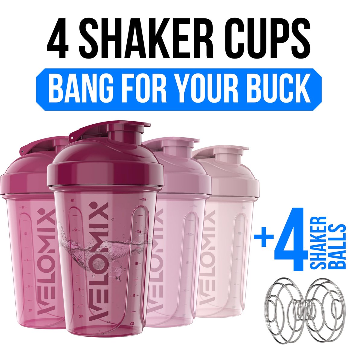 VELOMIX 4er-Pack 20 oz Proteinshaker-Flasche mit 4x Drahtbesen – Auslaufsicherer Shaker-Becher für Proteinshakes, stapelbar, spülmaschinenfest (Beeren-Mix)