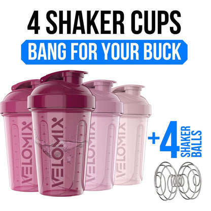 VELOMIX 4er-Pack 20 oz Proteinshaker-Flasche mit 4x Drahtbesen – Auslaufsicherer Shaker-Becher für Proteinshakes, stapelbar, spülmaschinenfest (Beeren-Mix)