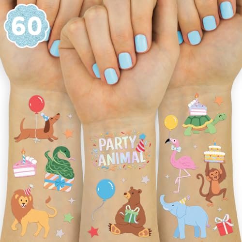 xo, Fetti Party Animal Geburtstagstätowierungen - 60 Folien-Tattoos | Safari-Geburtstagsdekoration, Wildes Regenbogen-Kinderzubehör, Wild One Elefantenthema, Baby-Dusche