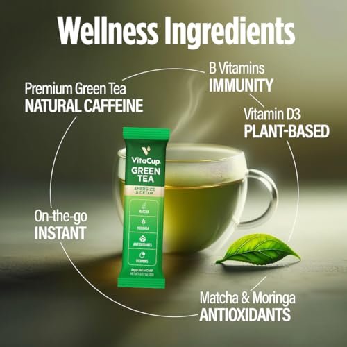 VitaCup Grüner Tee Instant-Päckchen – Energie & Entgiftung mit Matcha, Moringa, B-Vitaminen, D3, Ballaststoffen – Keto, Paleo, Vegan – 10 Einzelportionen