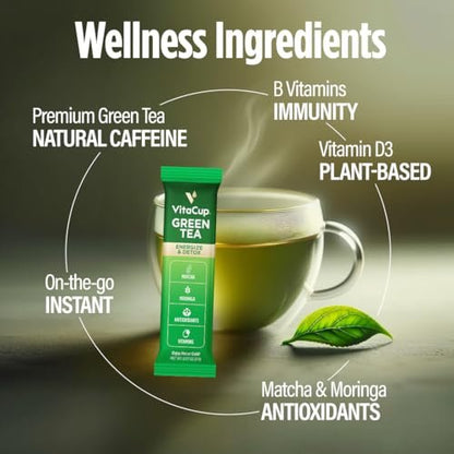 VitaCup Grüner Tee Instant-Päckchen – Energie & Entgiftung mit Matcha, Moringa, B-Vitaminen, D3, Ballaststoffen – Keto, Paleo, Vegan – 10 Einzelportionen
