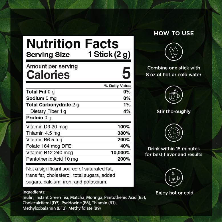 VitaCup Grüner Tee Instant-Päckchen – Energie & Entgiftung mit Matcha, Moringa, B-Vitaminen, D3, Ballaststoffen – Keto, Paleo, Vegan – 10 Einzelportionen