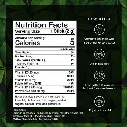 VitaCup Grüner Tee Instant-Päckchen – Energie & Entgiftung mit Matcha, Moringa, B-Vitaminen, D3, Ballaststoffen – Keto, Paleo, Vegan – 10 Einzelportionen