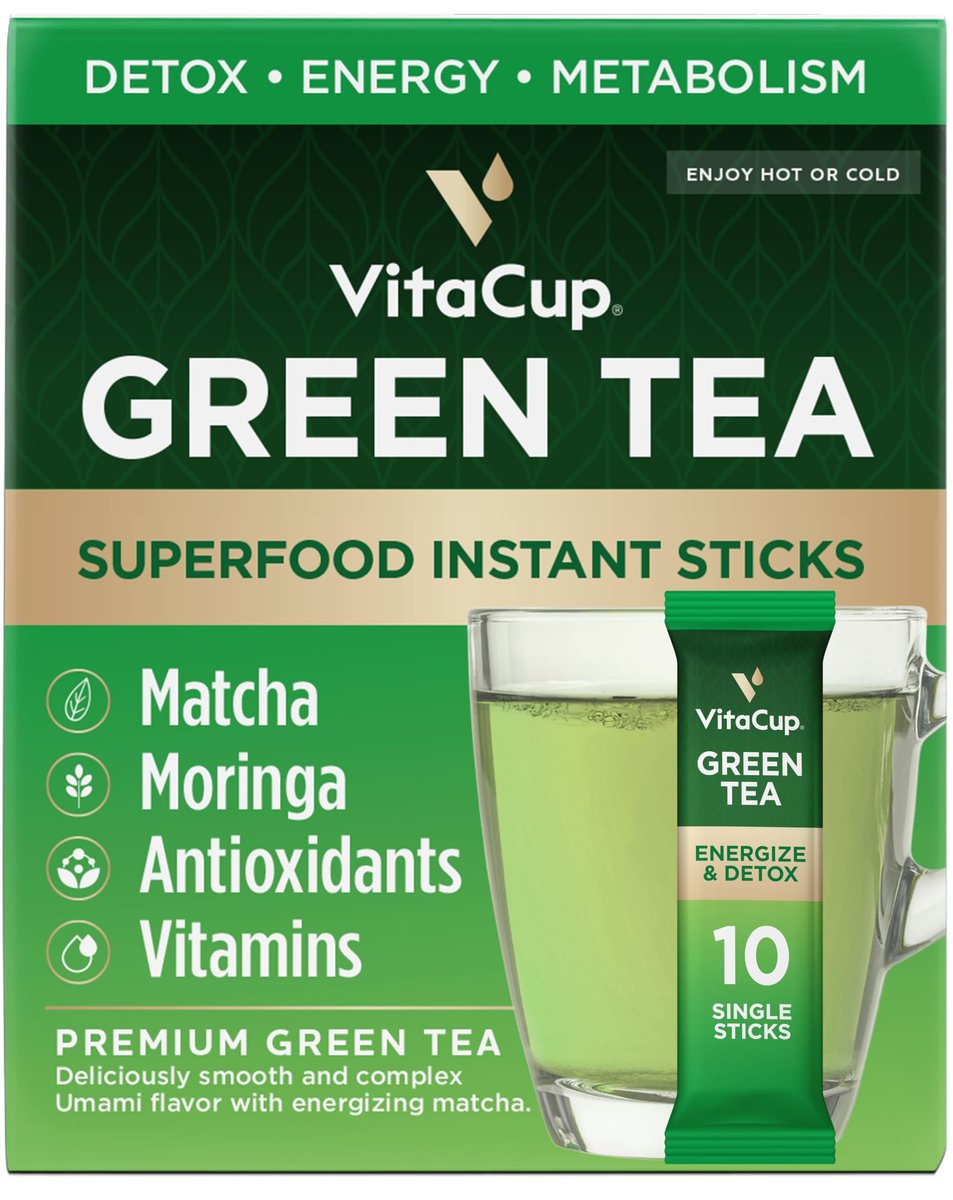 VitaCup Grüner Tee Instant-Päckchen – Energie & Entgiftung mit Matcha, Moringa, B-Vitaminen, D3, Ballaststoffen – Keto, Paleo, Vegan – 10 Einzelportionen