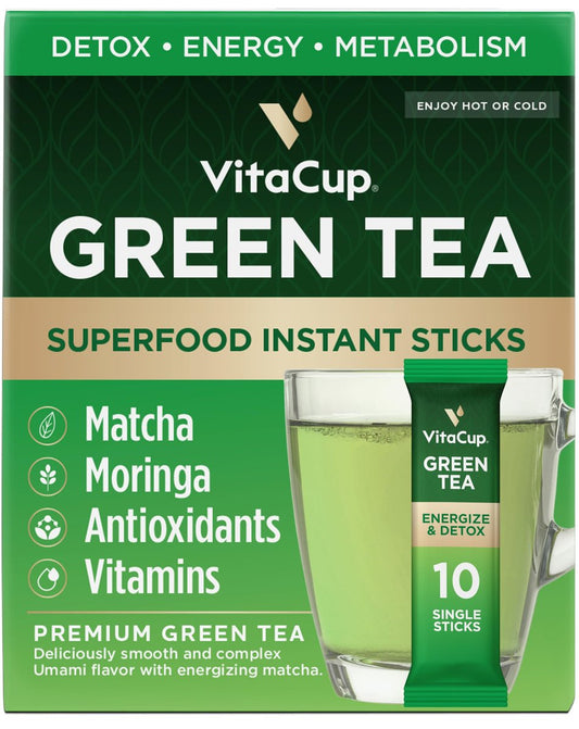 VitaCup Grüner Tee Instant-Päckchen – Energie & Entgiftung mit Matcha, Moringa, B-Vitaminen, D3, Ballaststoffen – Keto, Paleo, Vegan – 10 Einzelportionen