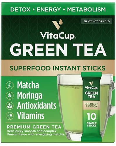 VitaCup Grüner Tee Instant-Päckchen – Energie & Entgiftung mit Matcha, Moringa, B-Vitaminen, D3, Ballaststoffen – Keto, Paleo, Vegan – 10 Einzelportionen