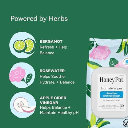 The Honey Pot Company - Feuchttücher für die Intimhygiene - Täglicher pH-Ausgleich, parfüm- und sulfatfrei - mit Rosenwasser - 30 Tücher