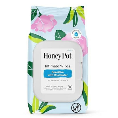 The Honey Pot Company - Feuchttücher für die Intimhygiene - Täglicher pH-Ausgleich, parfüm- und sulfatfrei - mit Rosenwasser - 30 Tücher