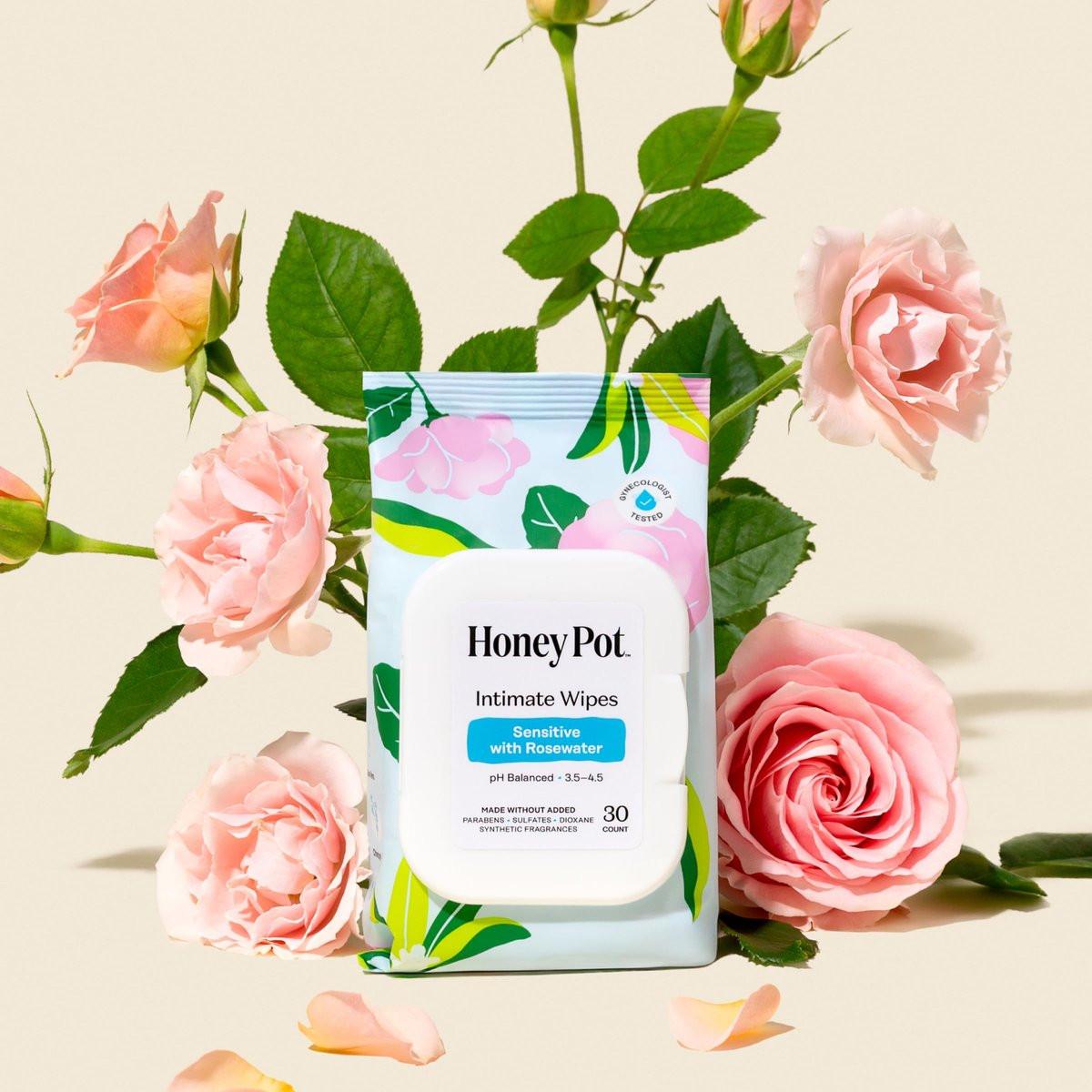 The Honey Pot Company - Feuchttücher für die Intimhygiene - Täglicher pH-Ausgleich, parfüm- und sulfatfrei - mit Rosenwasser - 30 Tücher