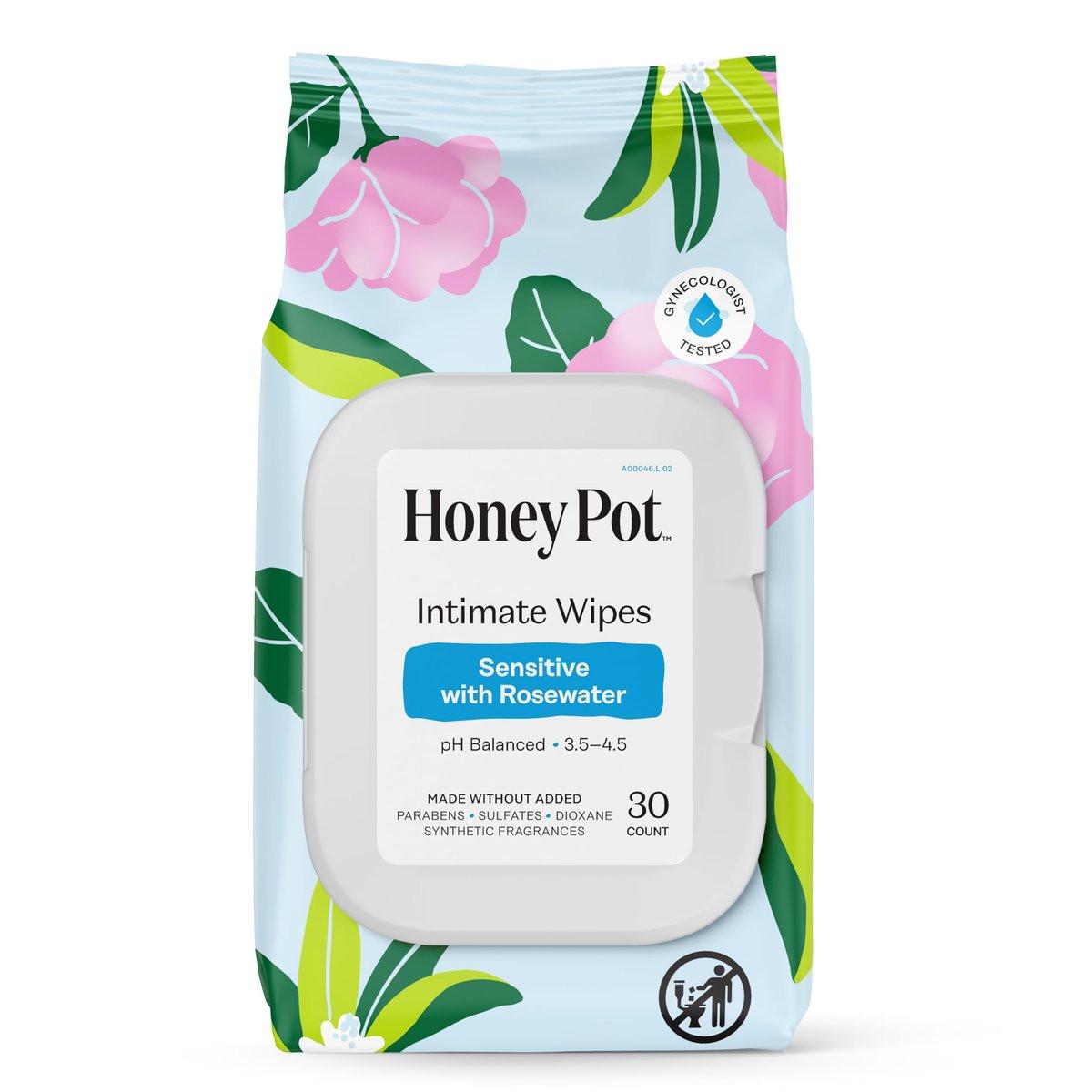 The Honey Pot Company - Feuchttücher für die Intimhygiene - Täglicher pH-Ausgleich, parfüm- und sulfatfrei - mit Rosenwasser - 30 Tücher
