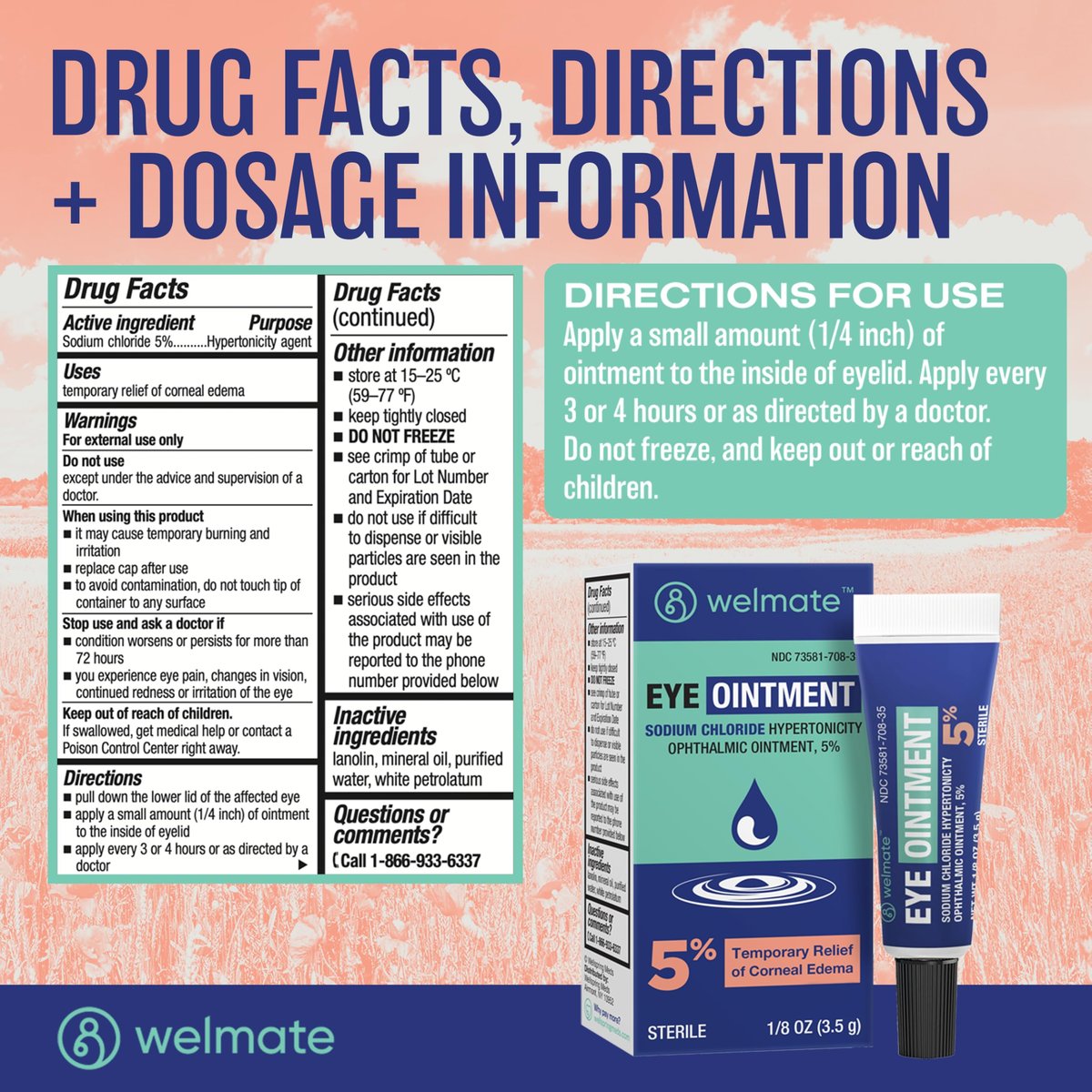 WELMATE Augensalbe – Natriumchlorid 5% hypertonische Augensalbe gegen Hornhautödem – sterile Augensalbe mit Lanolin & Mineralöl – Reisegröße – 3,5 g (1 Tube)