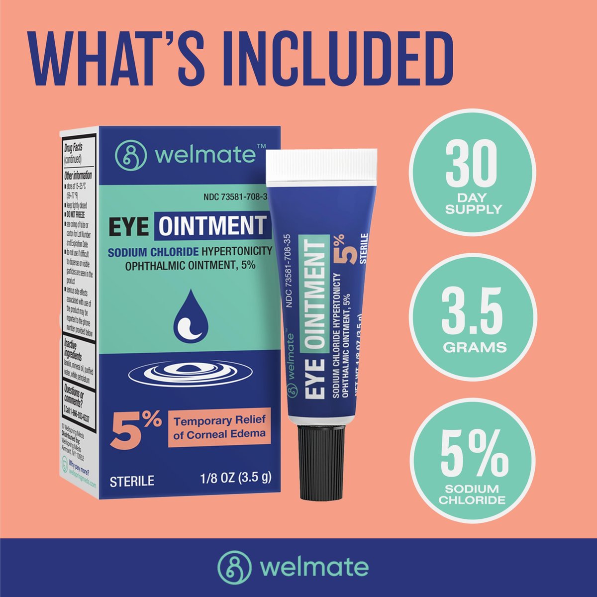 WELMATE Augensalbe – Natriumchlorid 5% hypertonische Augensalbe gegen Hornhautödem – sterile Augensalbe mit Lanolin & Mineralöl – Reisegröße – 3,5 g (1 Tube)