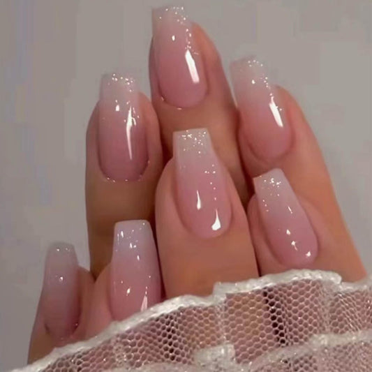 Hkanlre Bling Sargnägel Coffin Press on Nails – 24-teiliges Set mit mittleren, falschen Gradientennägeln für Frauen und Mädchen (Coffin Pink)