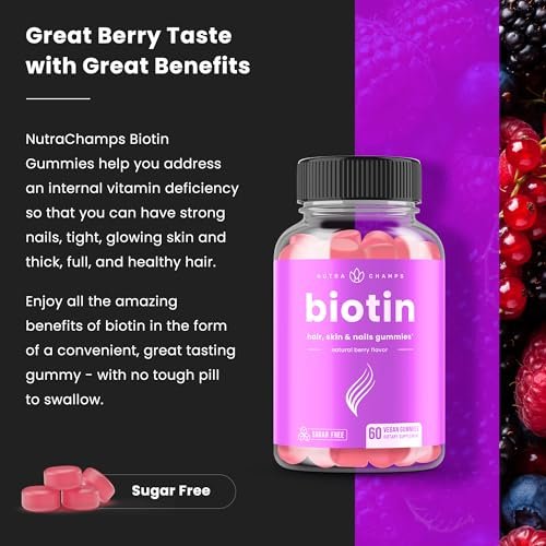 NutraChamps Zuckerfreie Biotin Gummies 10000mcg [Hochdosiert] - Gesunde Haare, Haut & Nägel für Frauen, Männer & Kinder - 5000mcg pro Gummibärchen - Vegan, Nicht-GVO, Haargesundheits-Vitamine - Himbeere