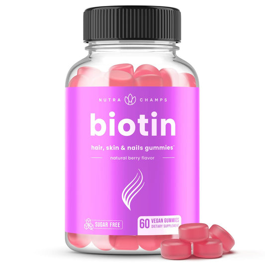 NutraChamps Zuckerfreie Biotin Gummies 10000mcg [Hochdosiert] - Gesunde Haare, Haut & Nägel für Frauen, Männer & Kinder - 5000mcg pro Gummibärchen - Vegan, Nicht-GVO, Haargesundheits-Vitamine - Himbeere