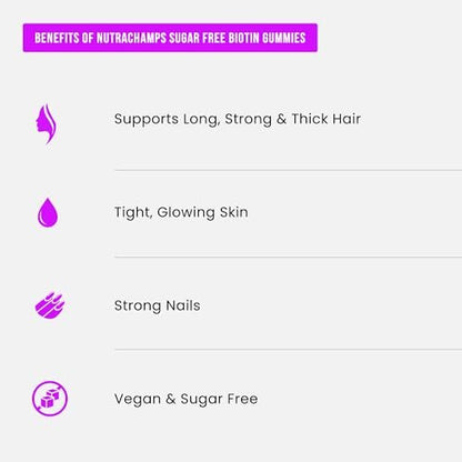 NutraChamps Zuckerfreie Biotin Gummies 10000mcg [Hochdosiert] - Gesunde Haare, Haut & Nägel für Frauen, Männer & Kinder - 5000mcg pro Gummibärchen - Vegan, Nicht-GVO, Haargesundheits-Vitamine - Himbeere