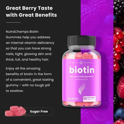 NutraChamps Zuckerfreie Biotin Gummies 10000mcg [Hochdosiert] - Gesunde Haare, Haut & Nägel für Frauen, Männer & Kinder - 5000mcg pro Gummibärchen - Vegan, Nicht-GVO, Haargesundheits-Vitamine - Himbeere