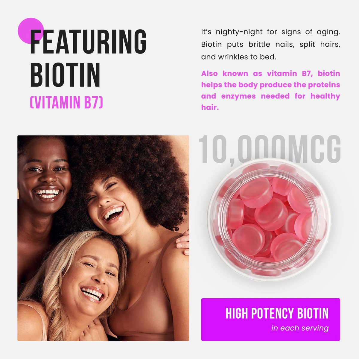 NutraChamps Zuckerfreie Biotin Gummies 10000mcg [Hochdosiert] - Gesunde Haare, Haut & Nägel für Frauen, Männer & Kinder - 5000mcg pro Gummibärchen - Vegan, Nicht-GVO, Haargesundheits-Vitamine - Himbeere