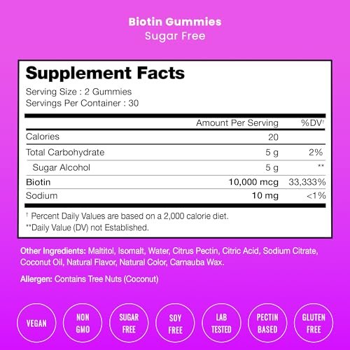 NutraChamps Zuckerfreie Biotin Gummies 10000mcg [Hochdosiert] - Gesunde Haare, Haut & Nägel für Frauen, Männer & Kinder - 5000mcg pro Gummibärchen - Vegan, Nicht-GVO, Haargesundheits-Vitamine - Himbeere