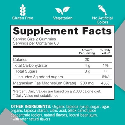 Qunol Magnesium Gummies für Erwachsene - 200 mg elementares Magnesium (aus 1.750 mg Magnesiumcitrat) - Hoch absorbierbares Magnesiumpräparat - Unterstützt Nerven-, Knochen- und Muskelfunktion - Vegetarisch - 120 Stück
