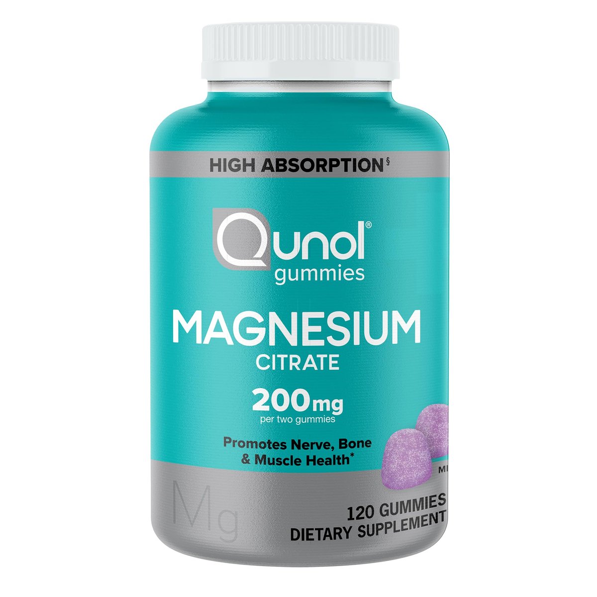 Qunol Magnesium Gummies für Erwachsene - 200 mg elementares Magnesium (aus 1.750 mg Magnesiumcitrat) - Hoch absorbierbares Magnesiumpräparat - Unterstützt Nerven-, Knochen- und Muskelfunktion - Vegetarisch - 120 Stück