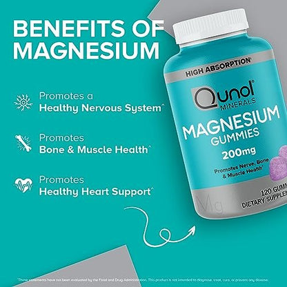 Qunol Magnesium Gummies für Erwachsene - 200 mg elementares Magnesium (aus 1.750 mg Magnesiumcitrat) - Hoch absorbierbares Magnesiumpräparat - Unterstützt Nerven-, Knochen- und Muskelfunktion - Vegetarisch - 120 Stück