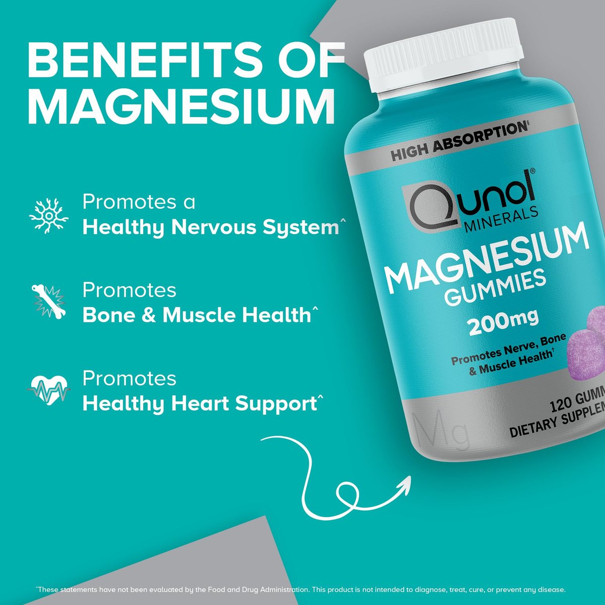 Qunol Magnesium Gummies für Erwachsene - 200 mg elementares Magnesium (aus 1.750 mg Magnesiumcitrat) - Hoch absorbierbares Magnesiumpräparat - Unterstützt Nerven-, Knochen- und Muskelfunktion - Vegetarisch - 120 Stück