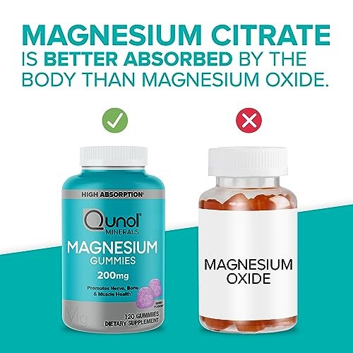 Qunol Magnesium Gummies für Erwachsene - 200 mg elementares Magnesium (aus 1.750 mg Magnesiumcitrat) - Hoch absorbierbares Magnesiumpräparat - Unterstützt Nerven-, Knochen- und Muskelfunktion - Vegetarisch - 120 Stück