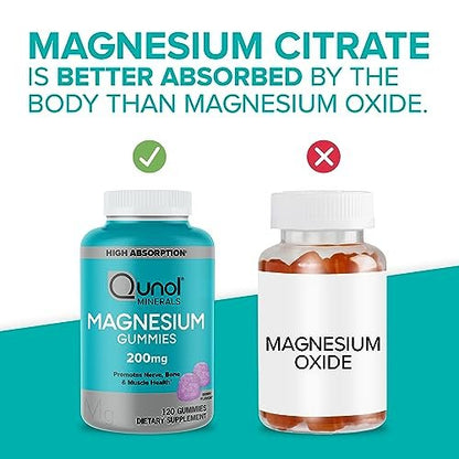 Qunol Magnesium Gummies für Erwachsene - 200 mg elementares Magnesium (aus 1.750 mg Magnesiumcitrat) - Hoch absorbierbares Magnesiumpräparat - Unterstützt Nerven-, Knochen- und Muskelfunktion - Vegetarisch - 120 Stück
