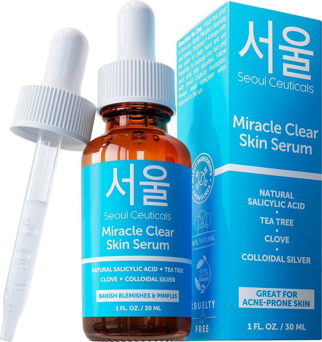 SeoulCeuticals Korean Akne Serum – Schnell wirkende Salicylsäure, Teebaum & Nelke für einen ebenmäßigen Teint, 30 ml